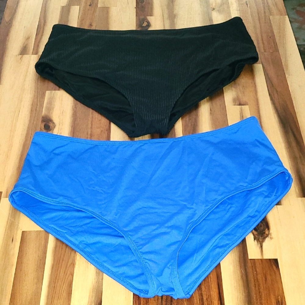 Andie Swim Sz XL 2 Pair of High Waisted Bottoms Eco Blue & Black Ribbed